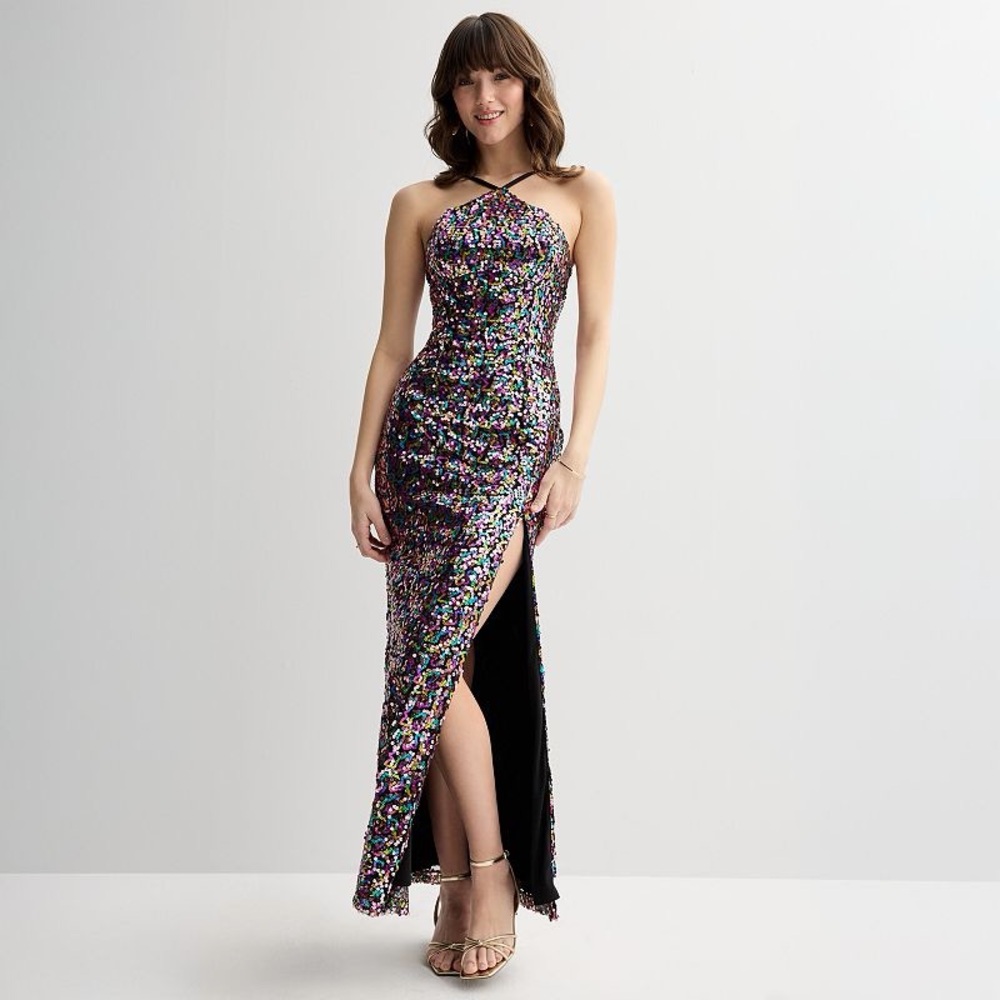 Juniors' Violet Weekend Sequin Halter Side Slit Gown NWT